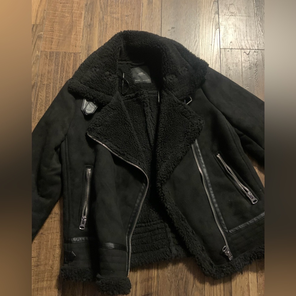 Zara black shearling moto jacket $120 M classic fall casual black coat boho $120 - Picture 4 of 6